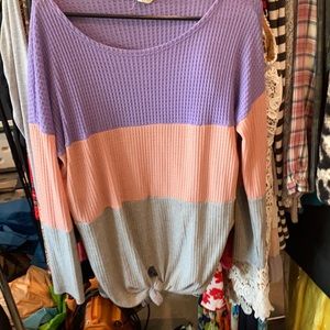 BiBi purple pink and gray striped waffle shirt